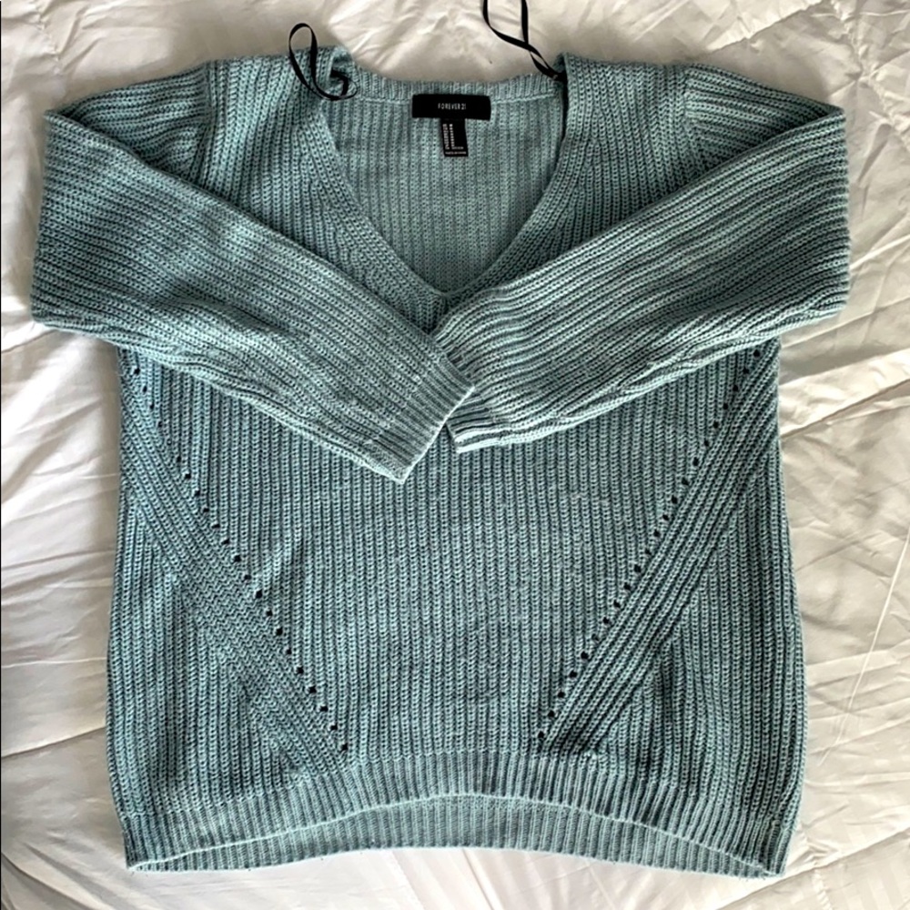 Forever 21 Neutral Blue V-Neck Chunky Sweater